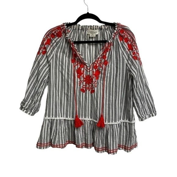 KATE SPADE BROOME STREET Striped Embroidered Peasant Top Blouse Black White XS - Picture 5 of 9